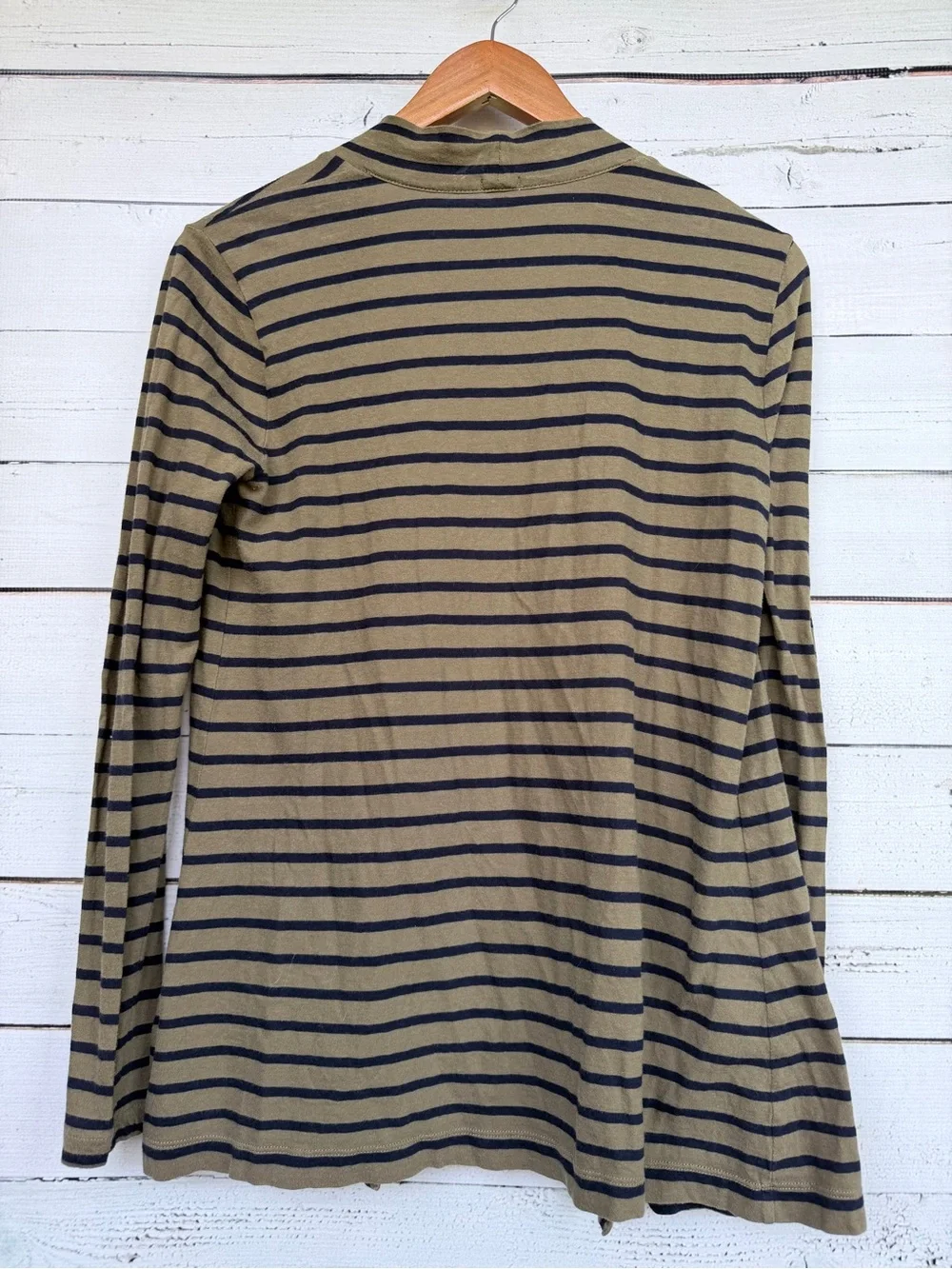 J.Crew Olive Green & Navy Striped Open Front Cotton Cardigan with Pockets- Small